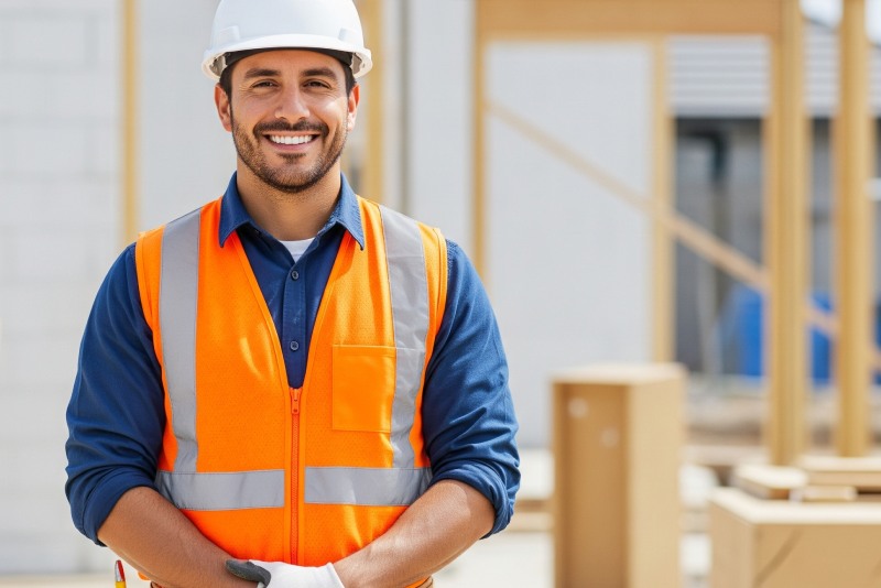 the owner of a contracting business smiling for a photo in front of a job site