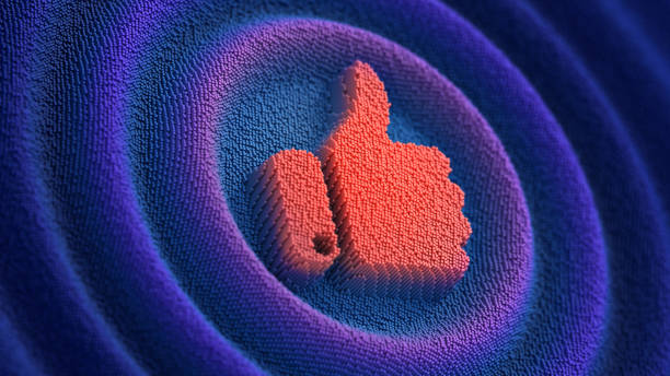 Like sign on the futuristic neon wavy pixelated background. Thumbs up symbol. Social media 3d illustration